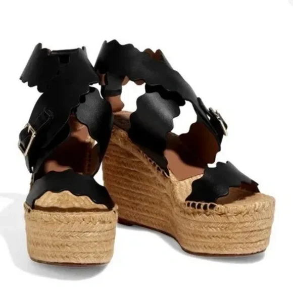 Chloe Black Leather Scalloped Platform Espadrilles Wedge Sandals Womens Sz 7 EUC - Picture 4 of 4